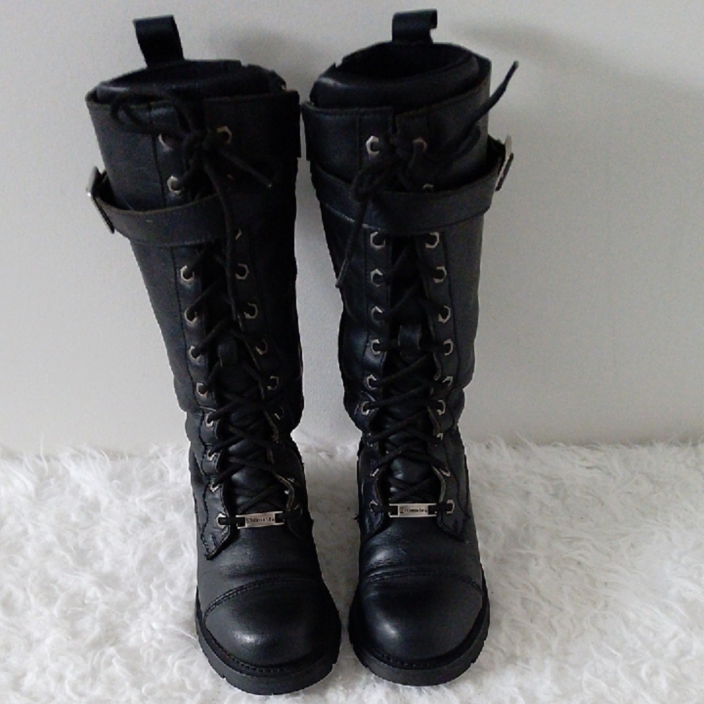 Automate Leather Women’s Black Tall Knee High Motorcycle Boots 6 Pirate Buckle